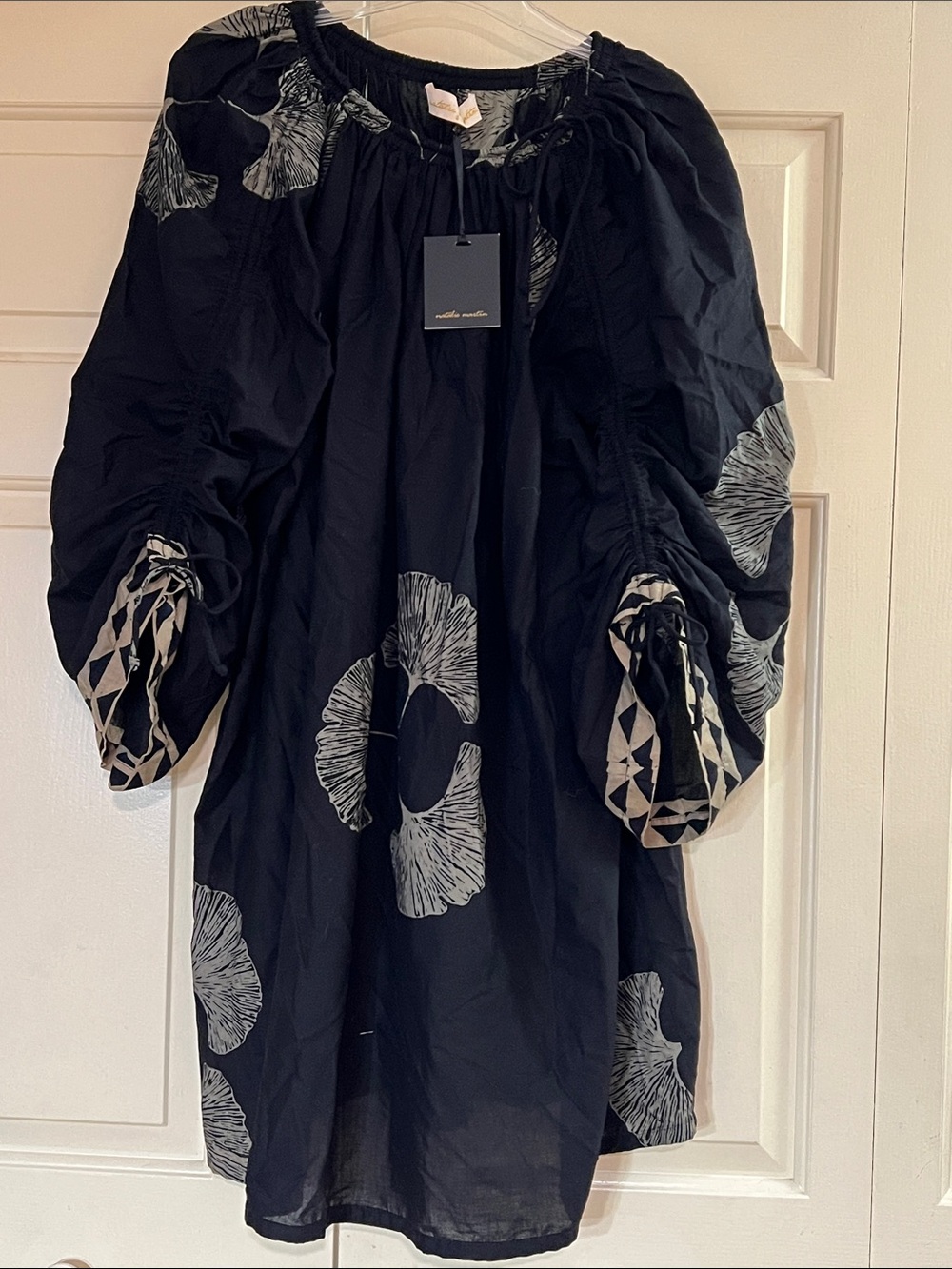 Natalie Martin Black Floral Print Boho Artistic Puff-Sleeve Women's Tunic Top